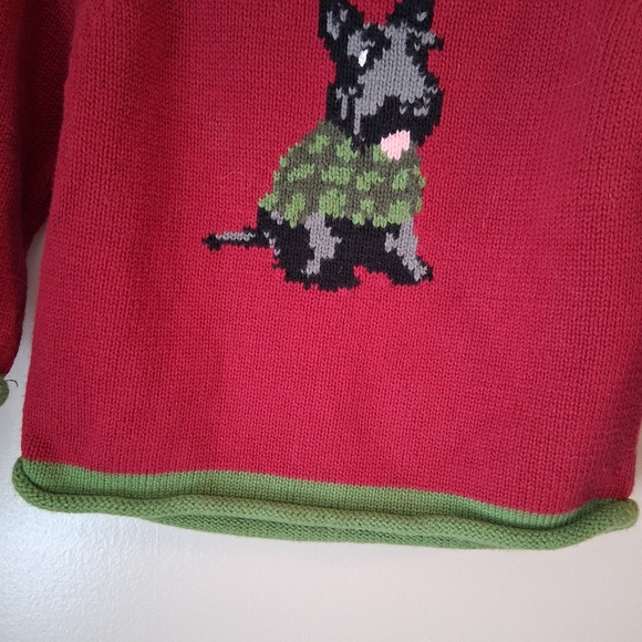 L.L. Bean Kid's Red and Green Cotton Sweater with Scottie Dog Design Sz 12-18 M - Picture 3 of 12